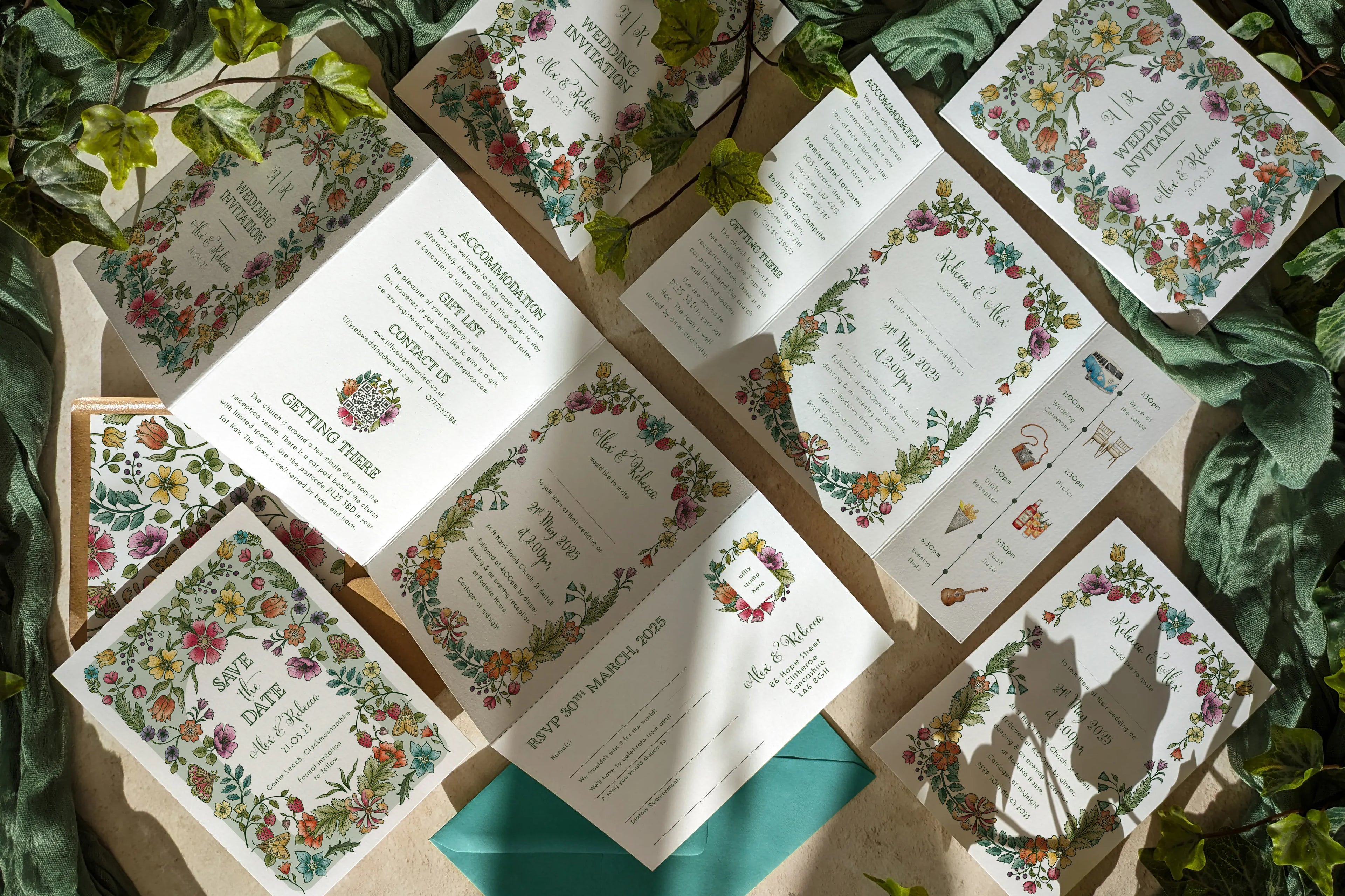 Collection of vintage floral and folk flower-themed wedding stationery items on a leafy background
