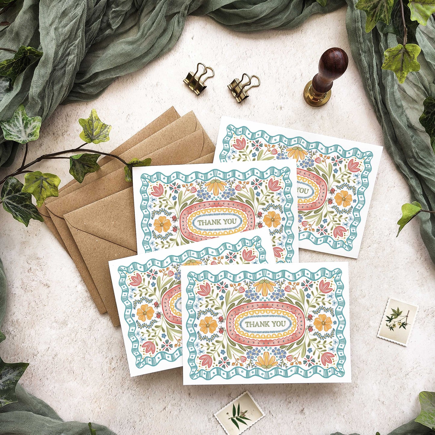 Folk Style Folded Thank You Cards & Envelopes