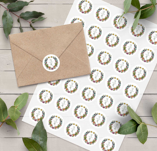 Vintage Retro Floral Personalised Initials Stickers (35 stickers)