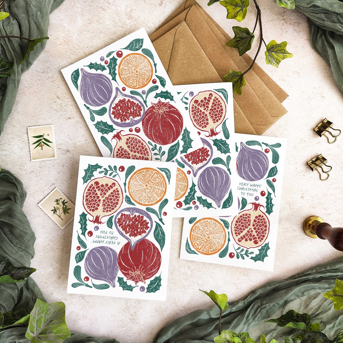 Set of 6 Christmas Fruits Cards & Envelopes