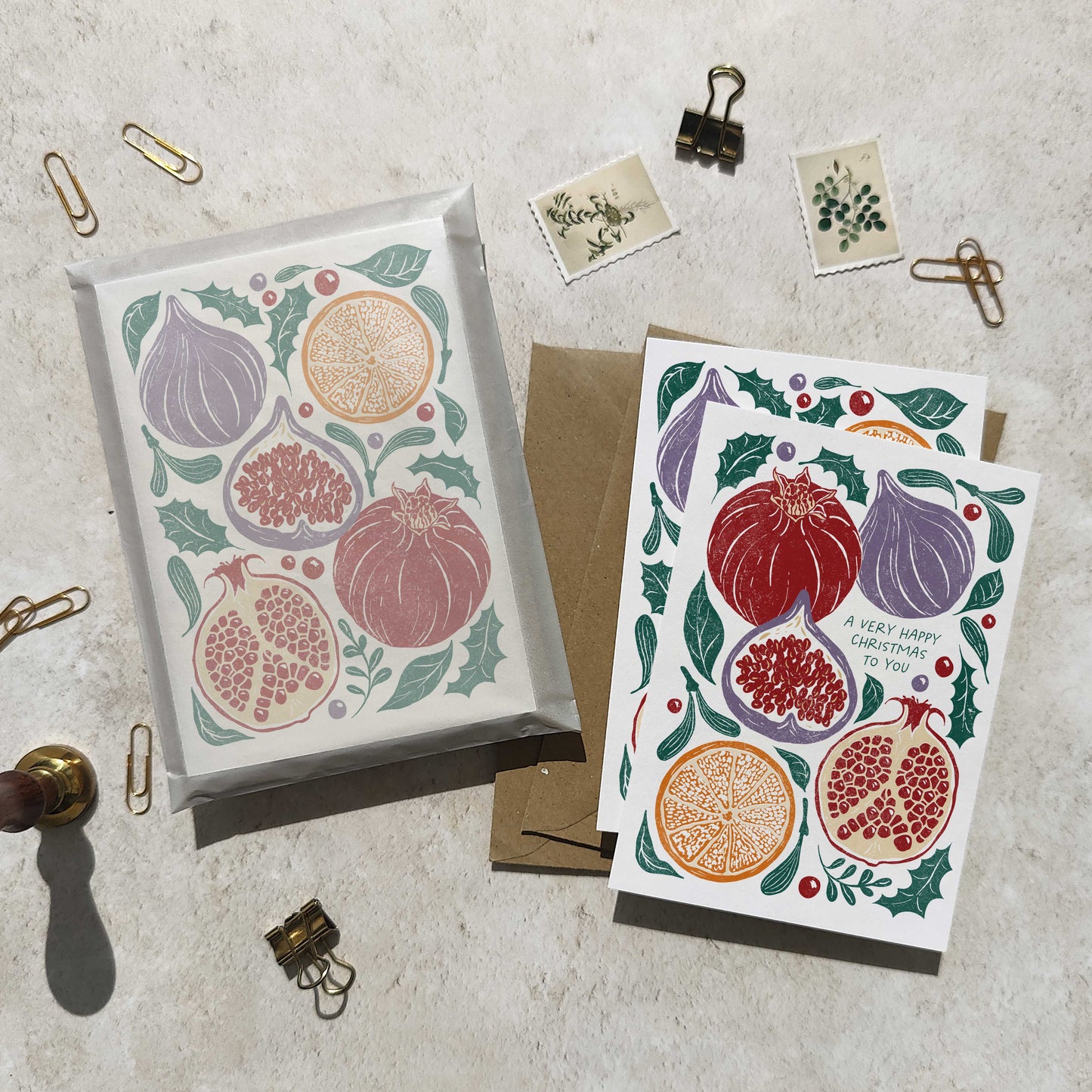 Set of 6 Christmas Fruits Cards & Envelopes