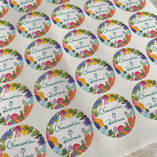 Bright and Colourful Festive Floral Personalised Names Stickers (35 stickers)