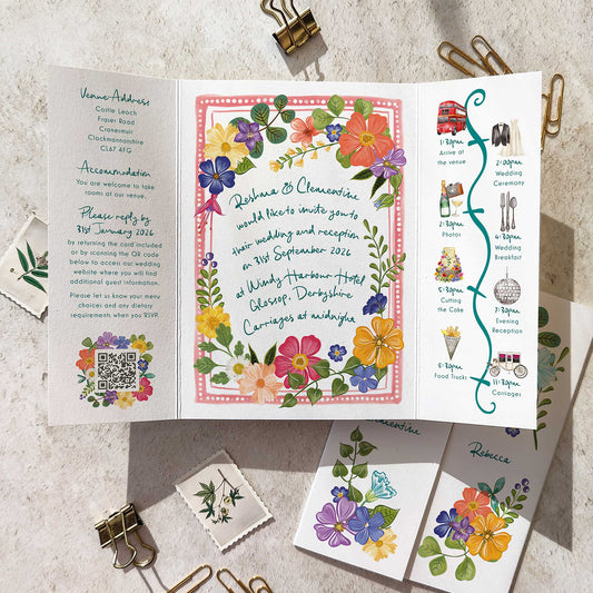 Bright and Colourful Festive Floral Gatefold 5x7 Wedding Invitation