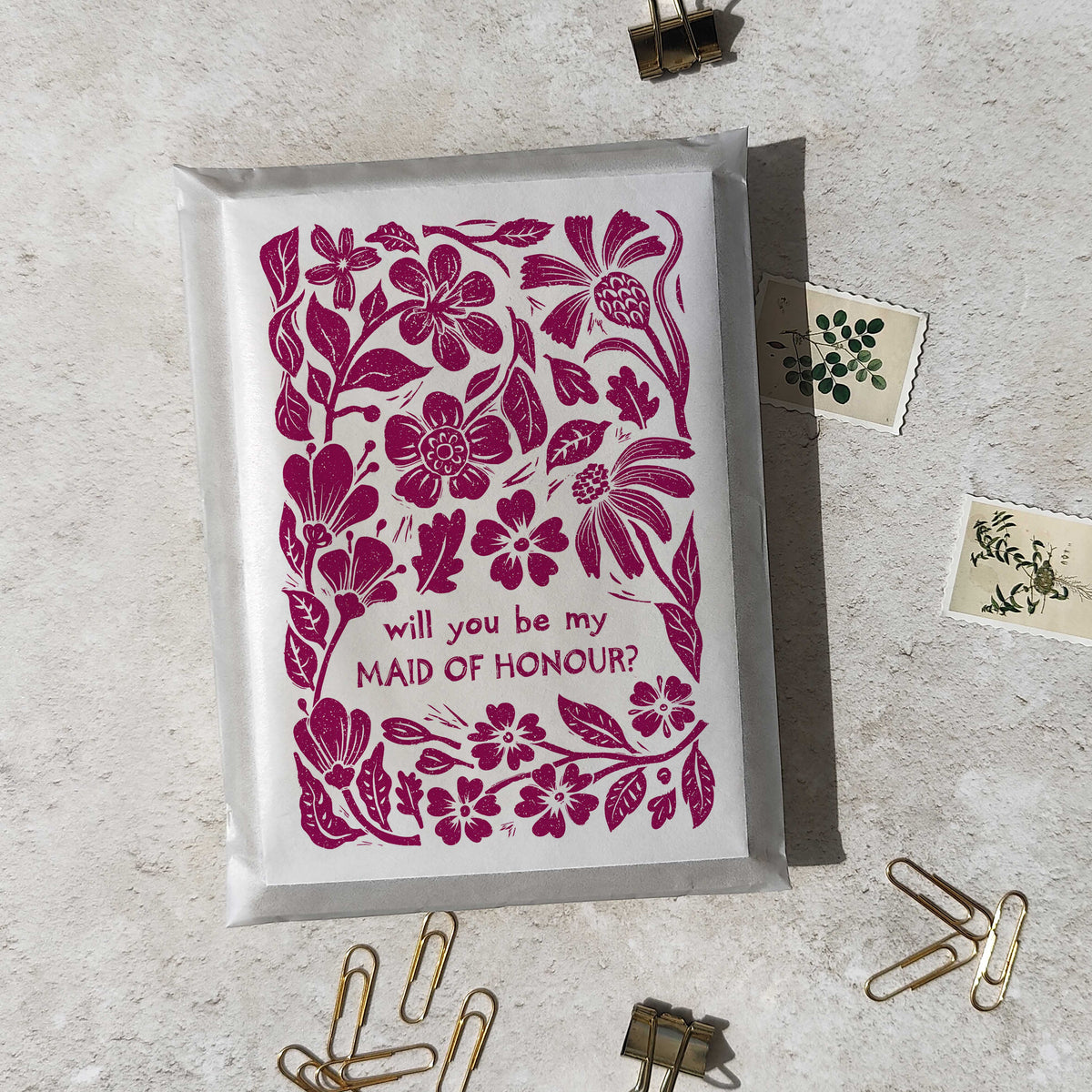Linocut Floral Bridesmaid Cards