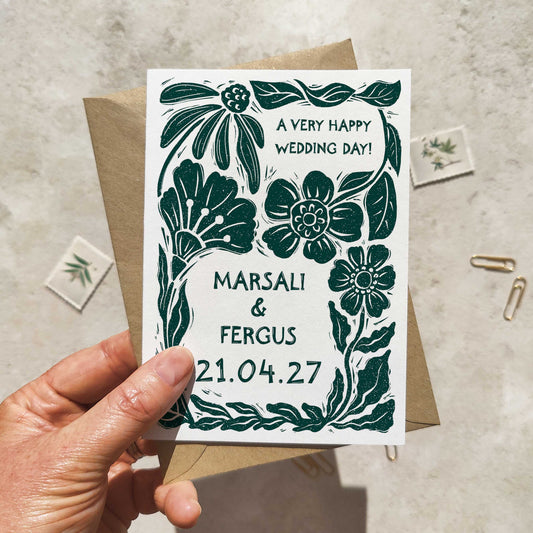 Linocut Botanical Personalised Wedding Card