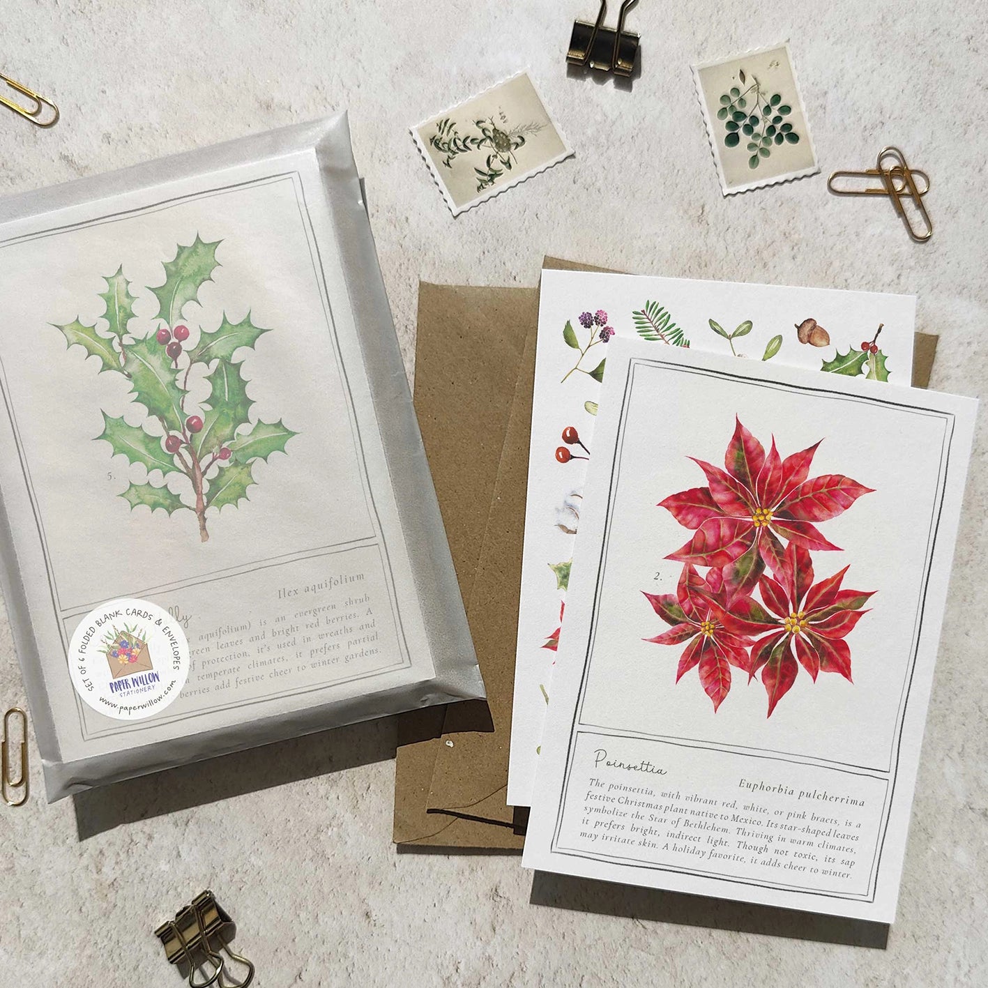 Greeting cards with floral designs on a textured surface