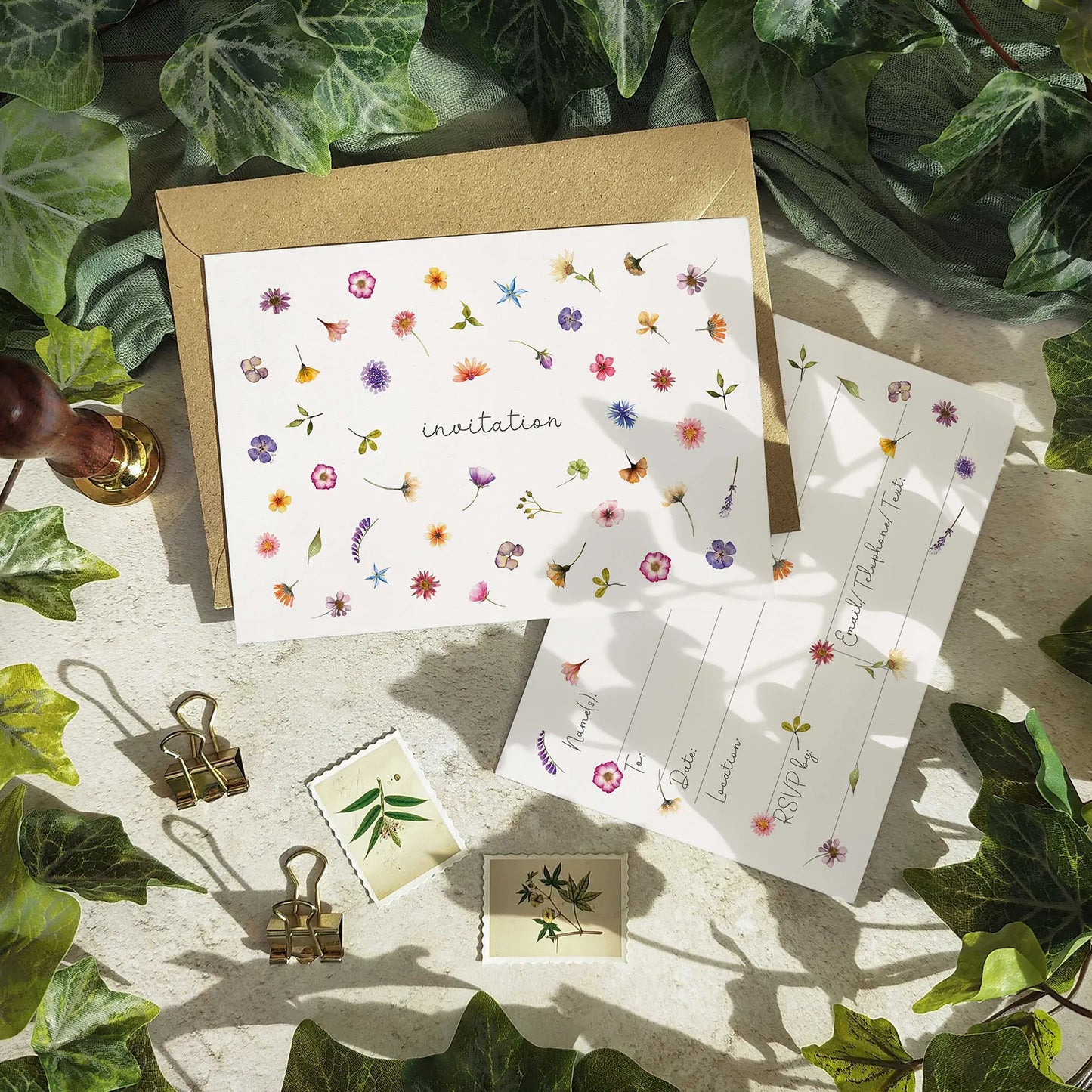 Floral invitations and envelopes