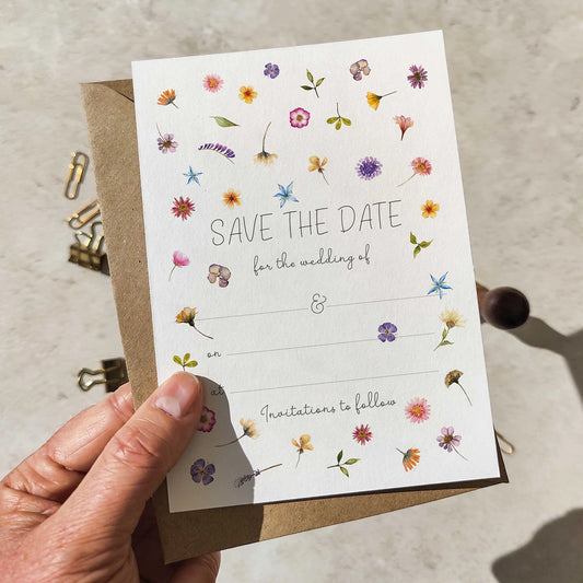 10 x Pressed Wildflowers Ready To Write Save the Date Cards and Envelopes