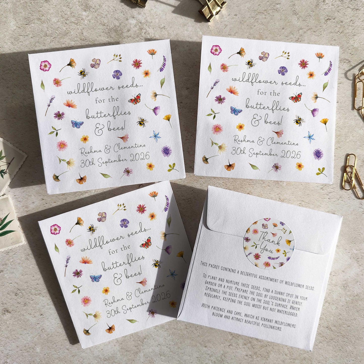 Pressed Wildflowers Seed Packet Favours (Butterflies and bees) (Pack of 10)