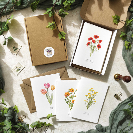 Set of 10 Wildflower Red & Orange Note Cards & Envelopes