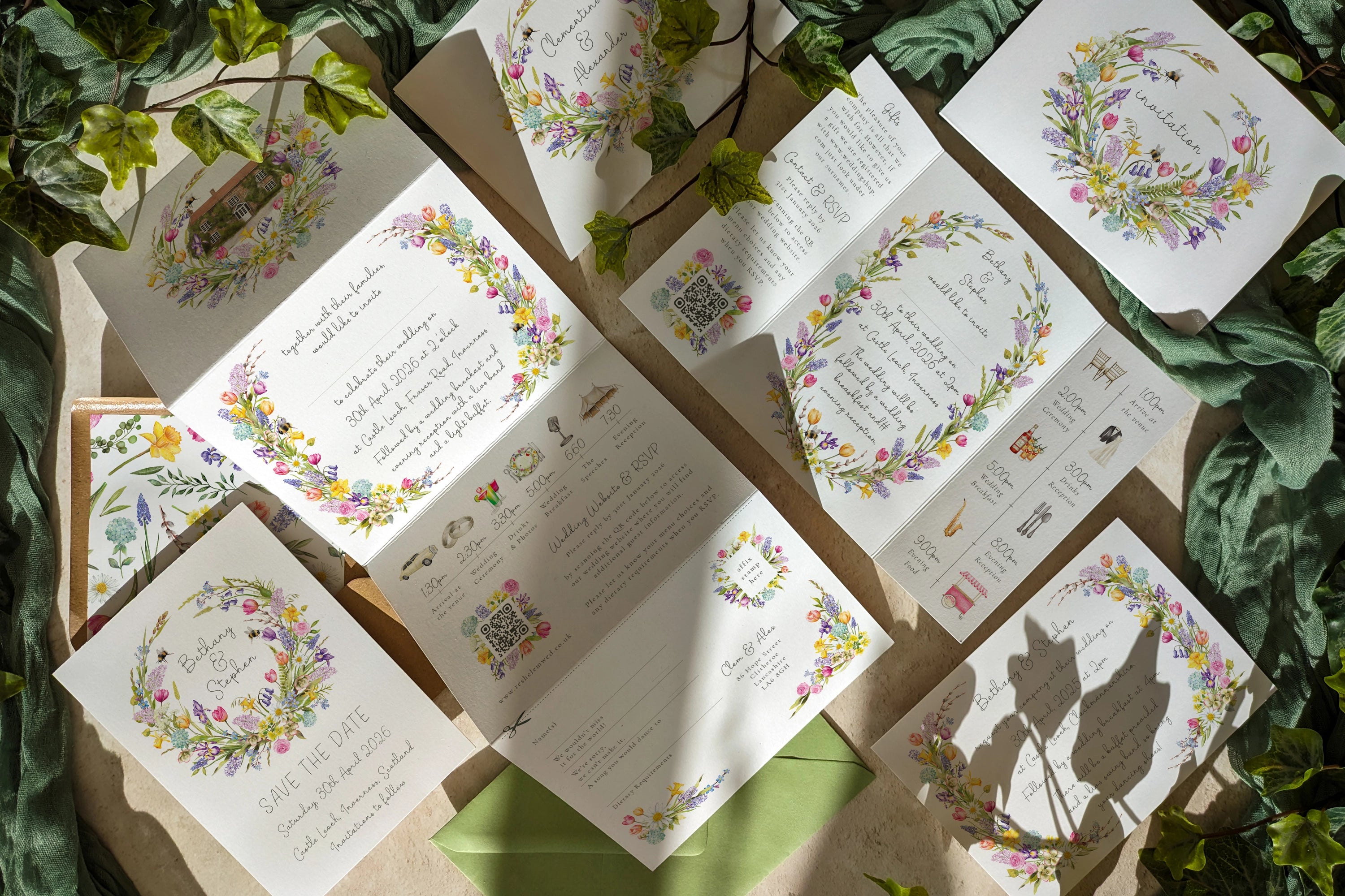 Decorative wedding stationery cards with spring themed floral designs on a green leafy background. Flowers include tulips, daffodils and bluebells. Save the date cards and wedding invitations are shown.