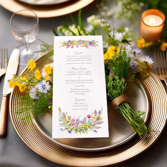 Decorative table setting with a floral menu card, candles, and cutlery.