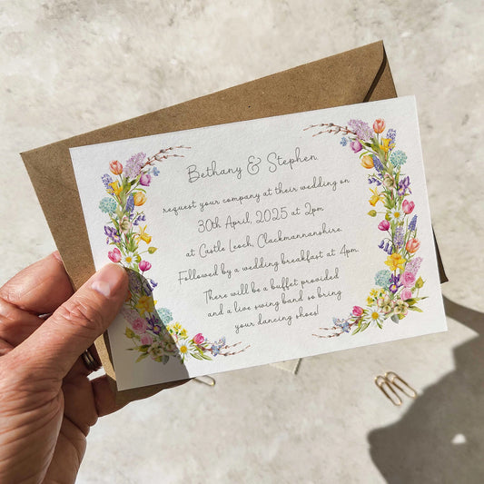 Hand holding a wedding invitation with floral designs on a neutral background