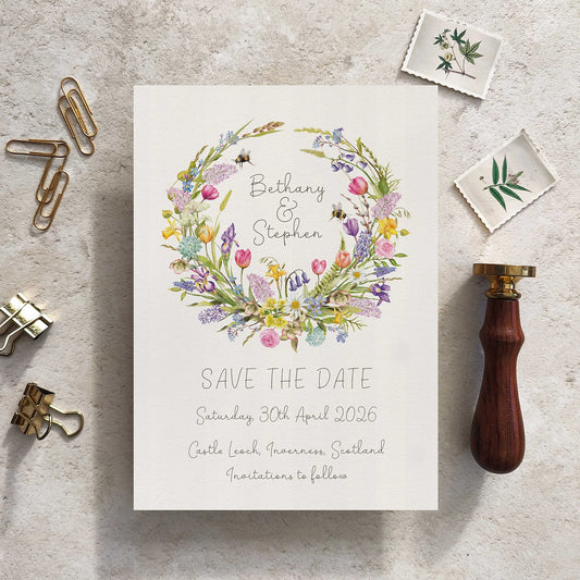 Wedding save the date card with floral design on a textured surface with stationery items.
