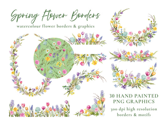 Spring Flowers 30 x Digital PNG Floral Borders and Motifs