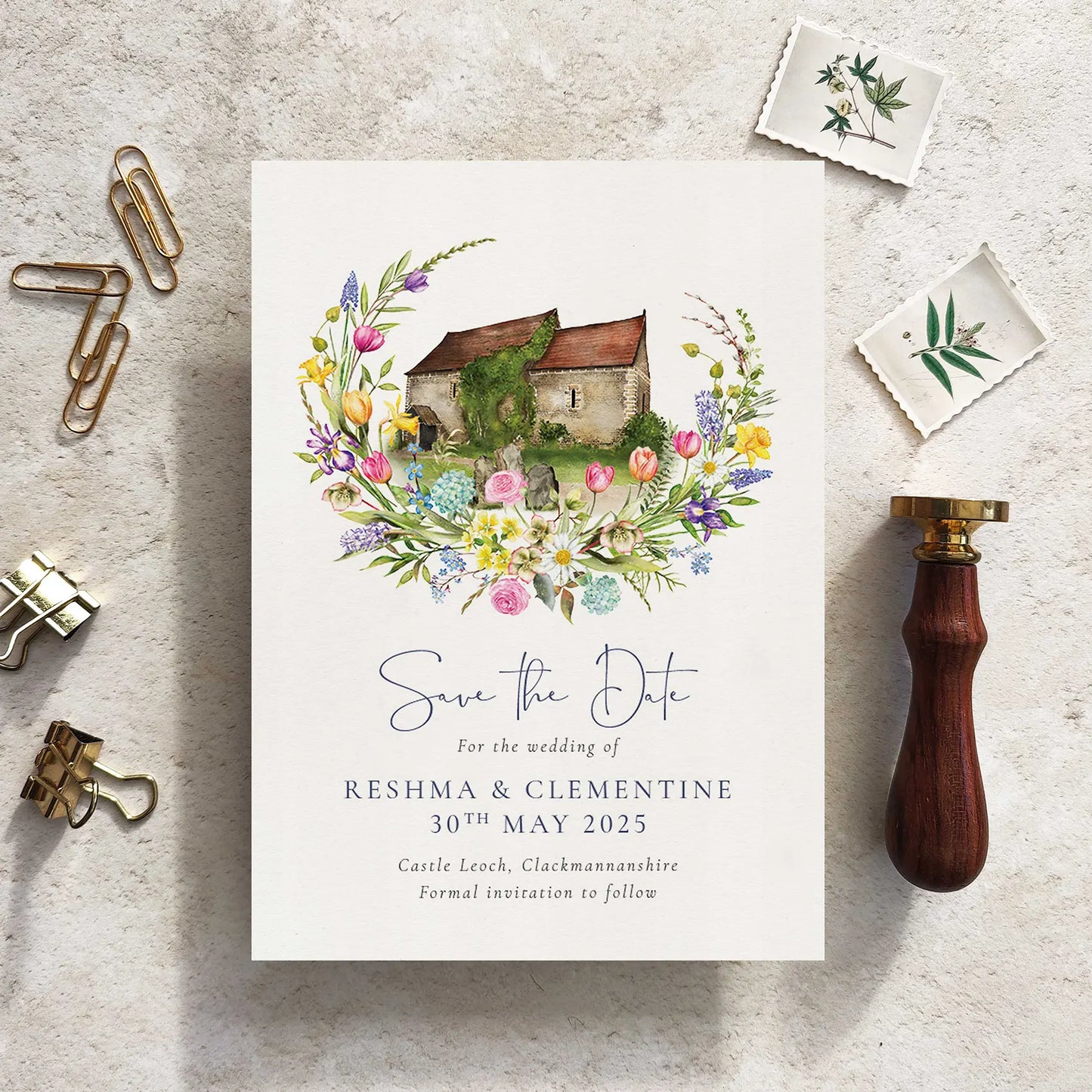 Spring Flowers Save The Date Cards with Optional Venue Painting