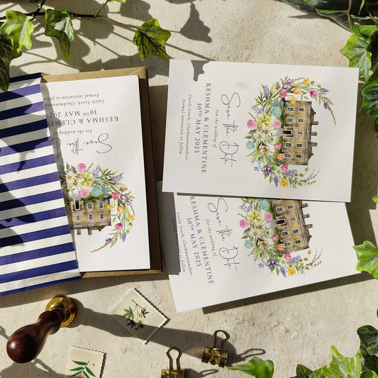 Spring Flowers Save The Date Cards with Optional Venue Painting