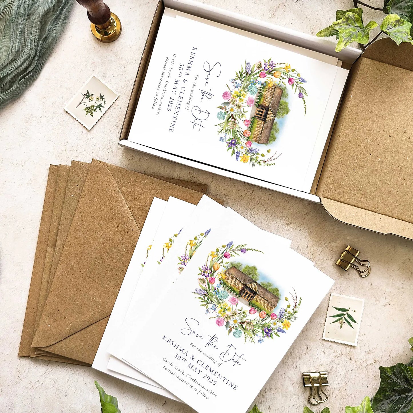 Spring Flowers Save The Date Cards with Optional Venue Painting