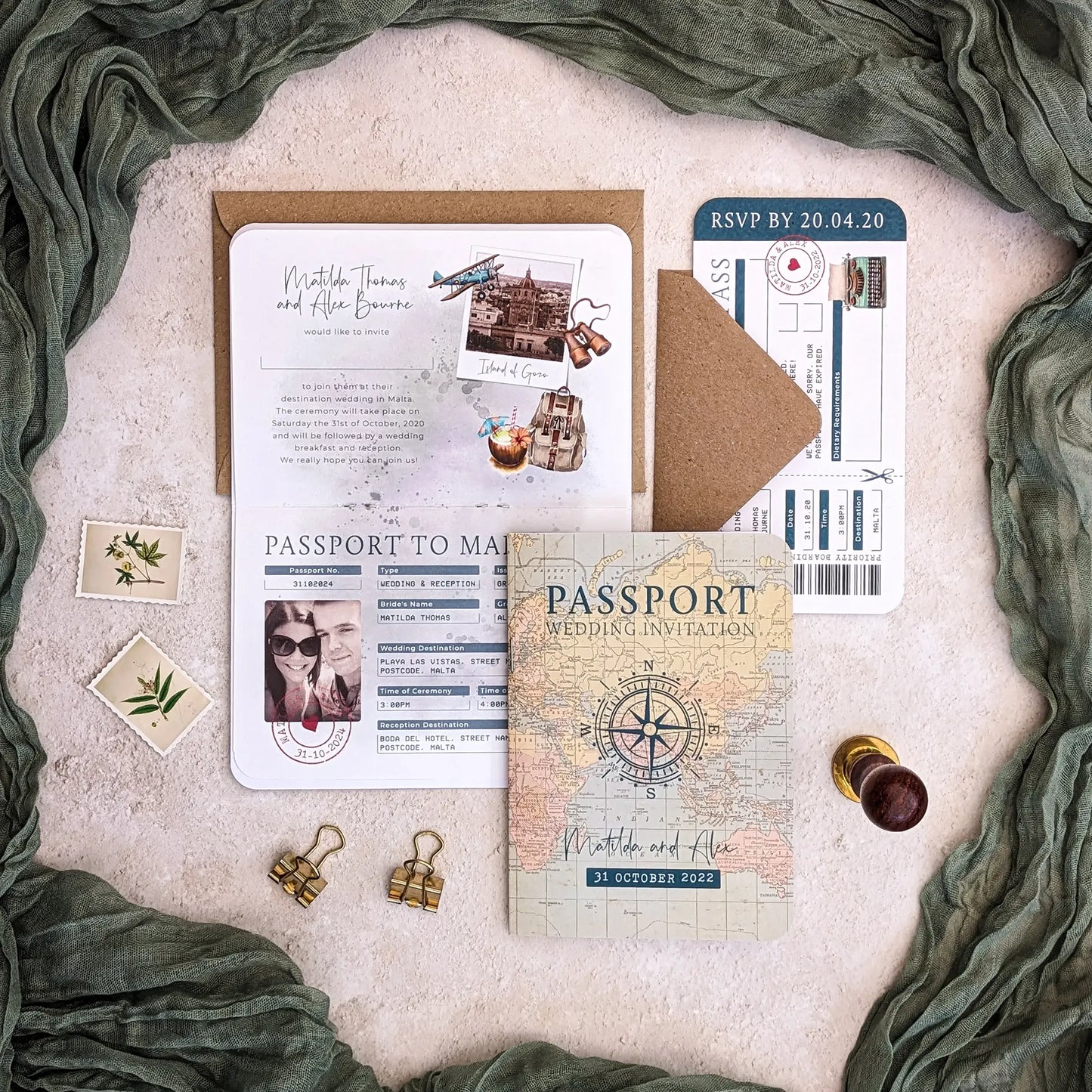 Vintage Travel Folded A6 Passport Invitation