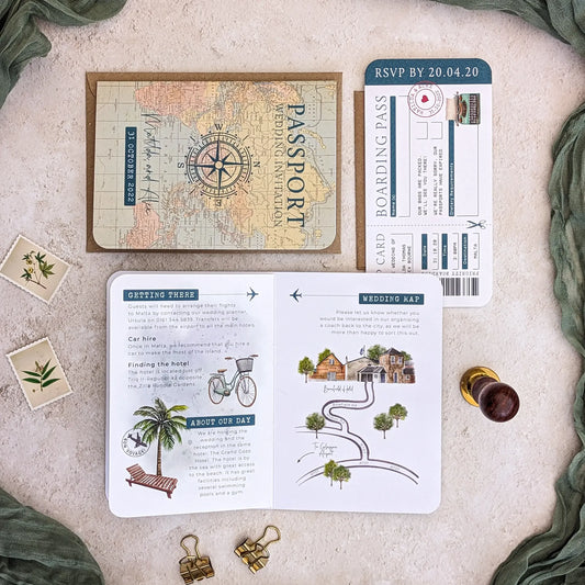 Vintage Travel Folded A6 Passport Invitation