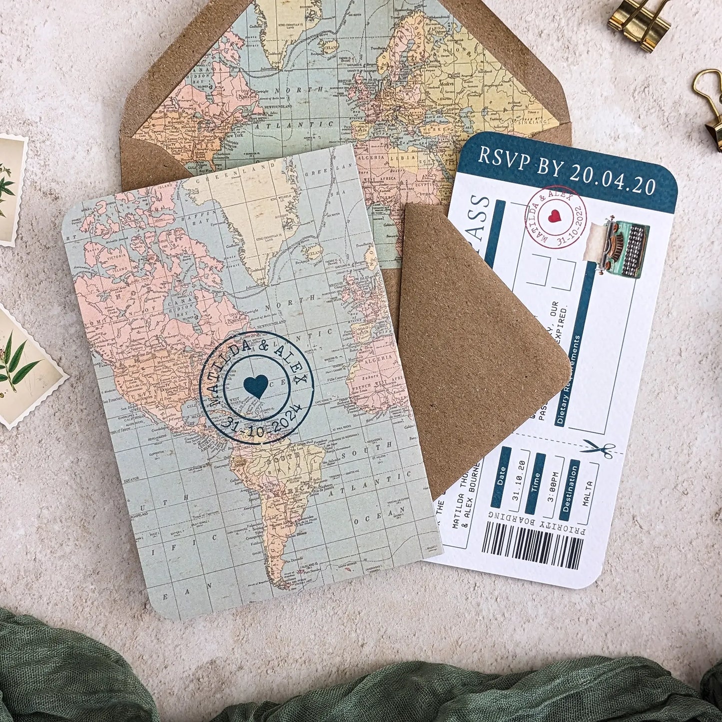 Vintage Travel Folded A6 Passport Invitation