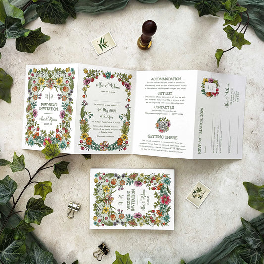 Vintage Retro Floral Landscape Concertina Wedding Invitation