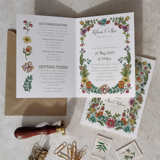 Vintage Retro Floral Folded A6 Wedding Invitation
