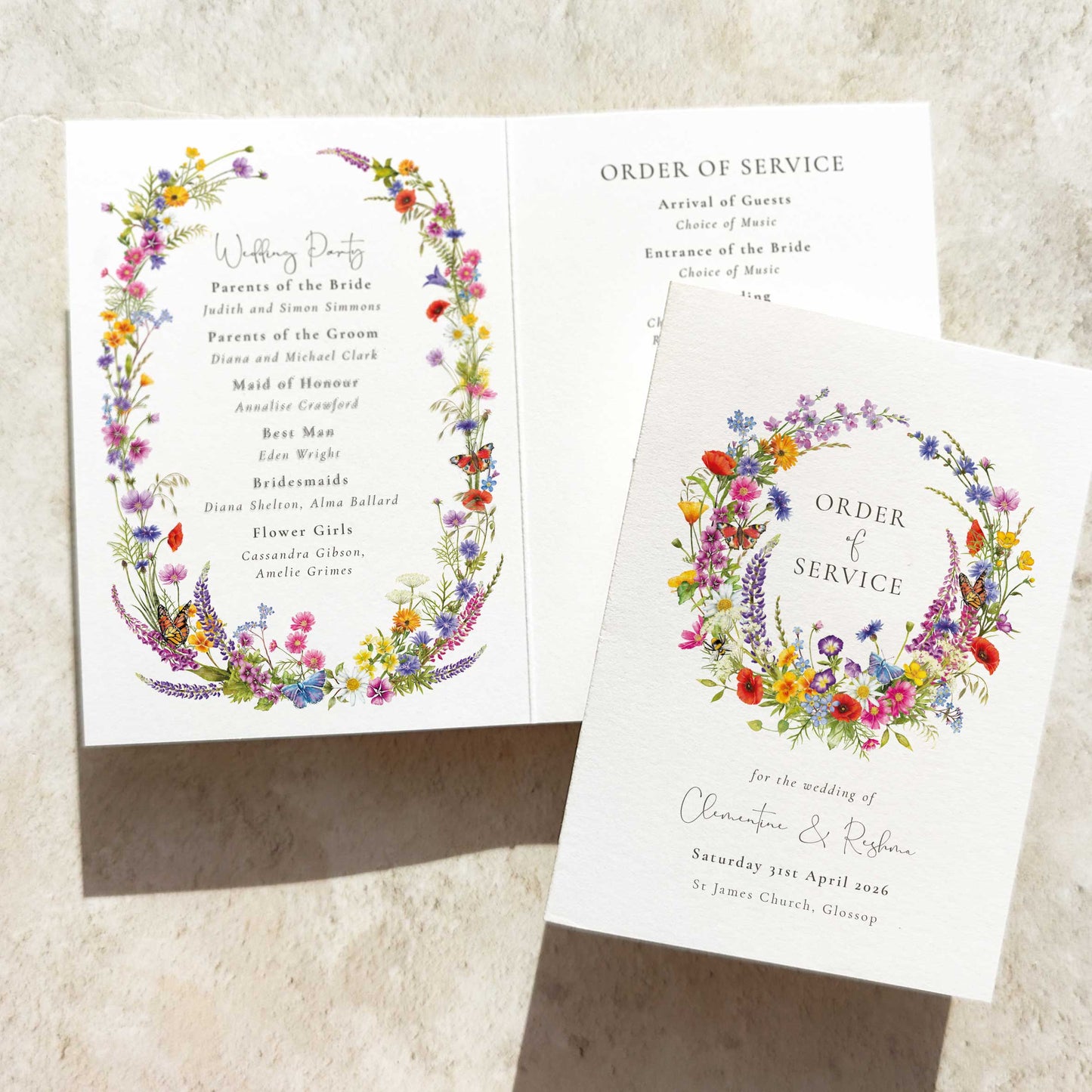 Wildflower Wreath Wedding Folded Order of Service Card