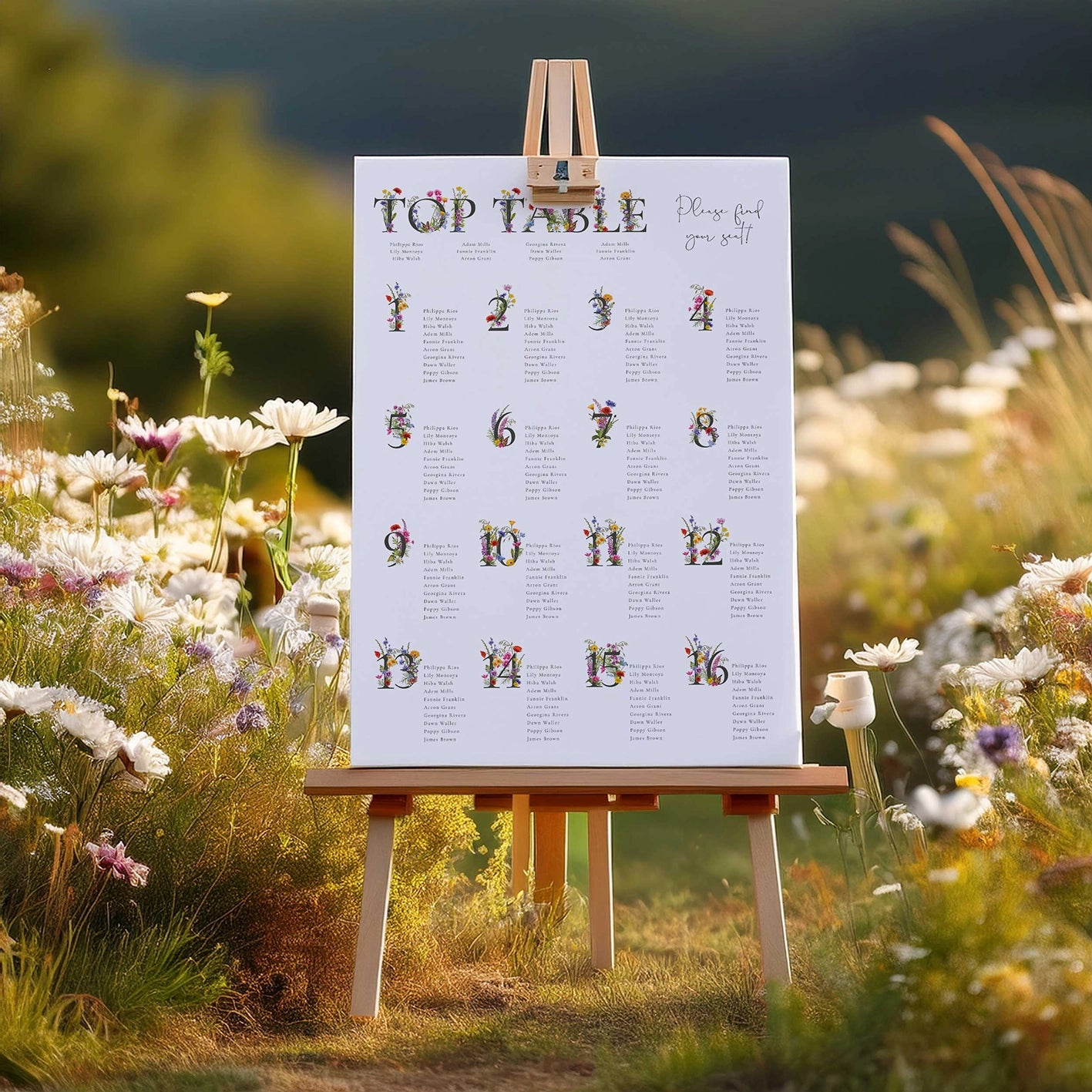 Wildflower Meadow Numbers Table Plan Board