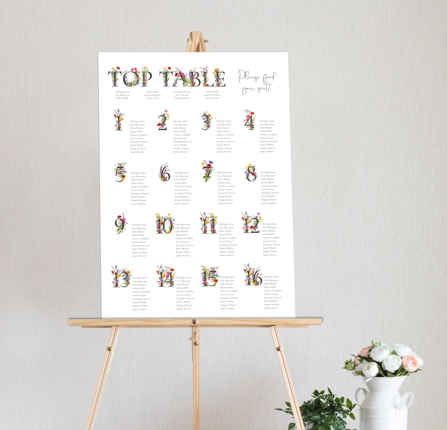 Wildflower Meadow Numbers Table Plan Board