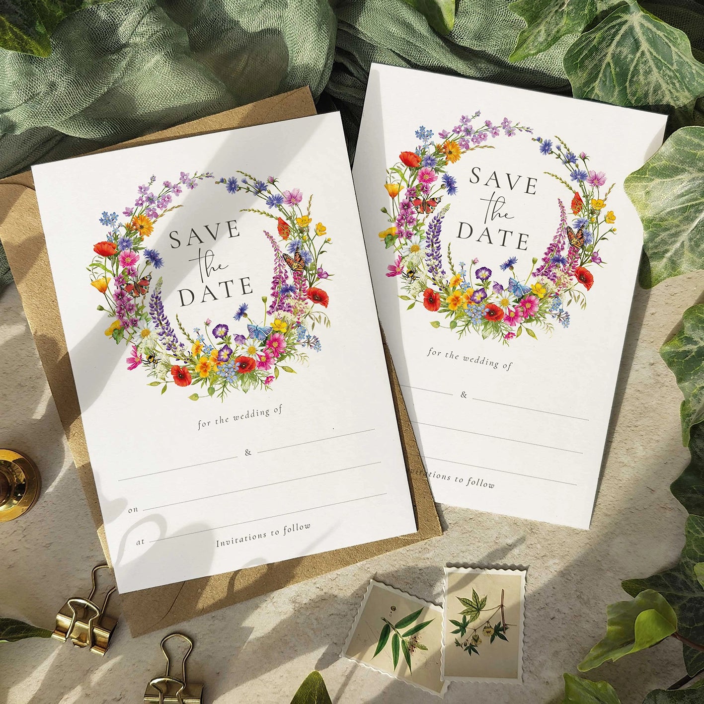 10 x Wildflower Wreath Ready To Write Save the Date Cards and Envelopes