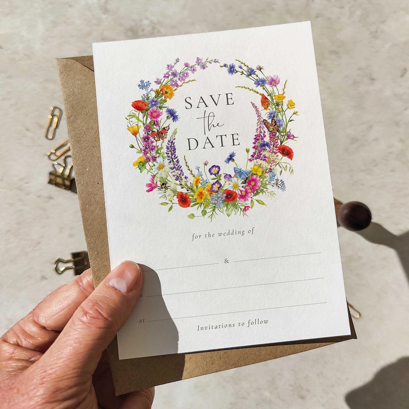 10 x Wildflower Wreath Ready To Write Save the Date Cards and Envelopes