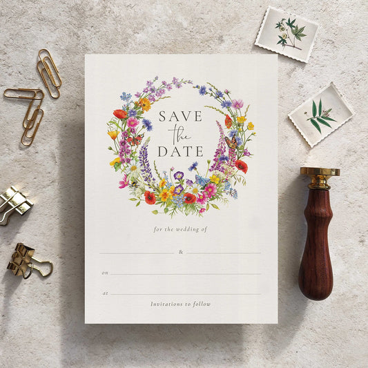 10 x Wildflower Wreath Ready To Write Save the Date Cards and Envelopes
