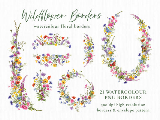 Watercolour Wildflowers 21 x Digital PNG Floral Borders and Motifs