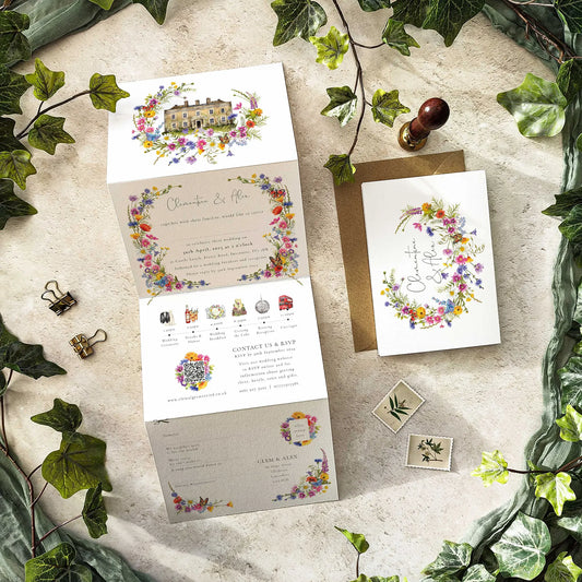 Folded wedding invitation with colourful watercolour wildflower paintings and an illustrated wedding timeline and a cut off RSVP card. This design is fully personalised and comes with envelopes. This design can include a bespoke watercolour venue painting which you can order in the Paper Willow shop.