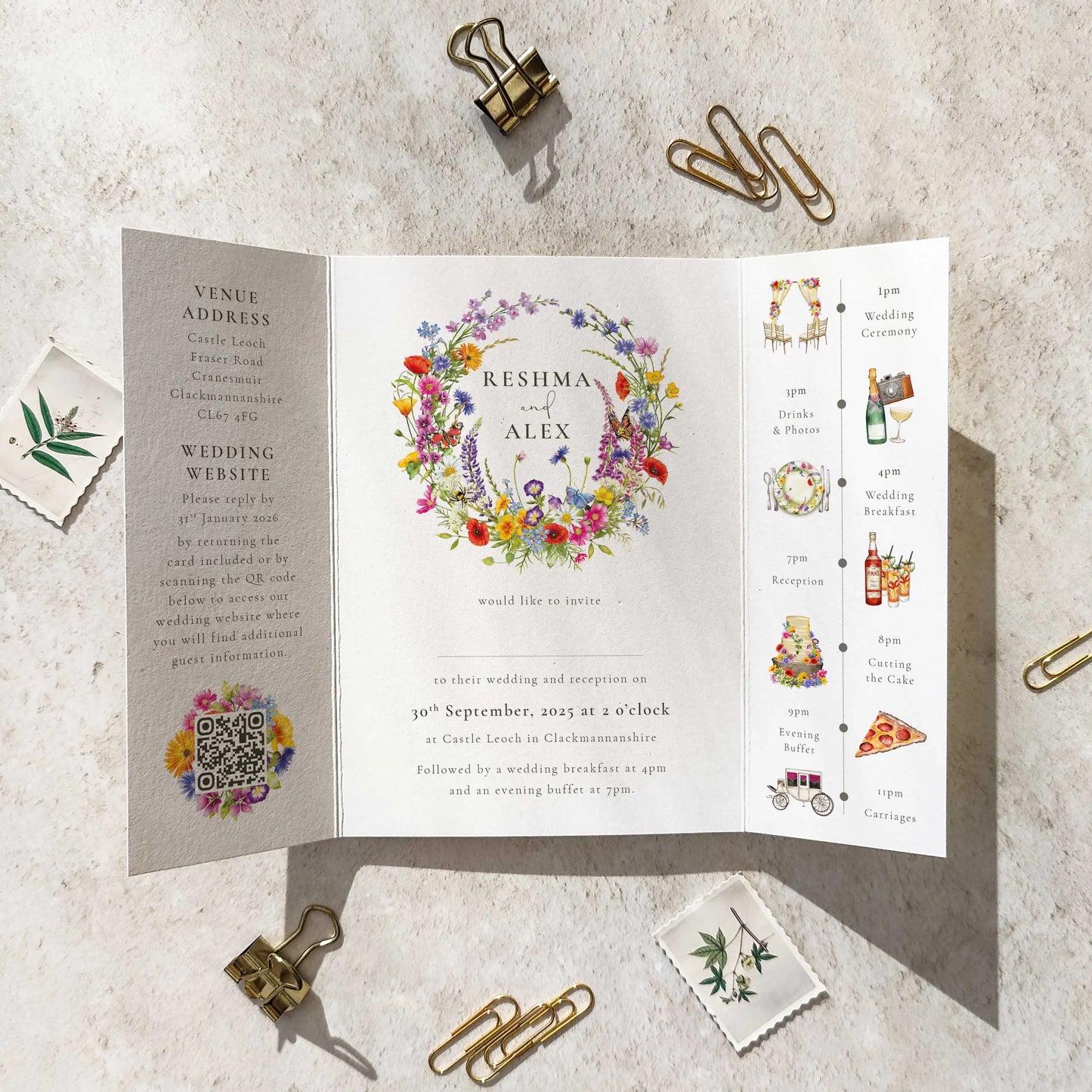 Wildflower Wreath Wedding Invitation A6 Gatefolded Card