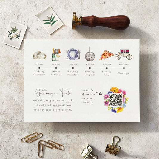 Wedding reception schedule card with decorative elements on a textured surface