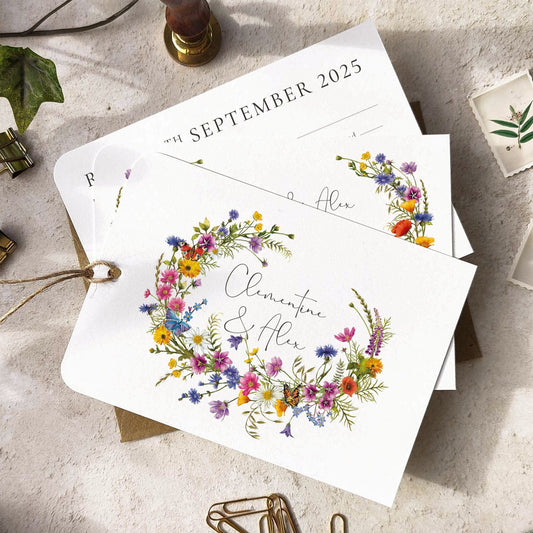 Hand-tied wedding invitations with floral designs including cornflowers, poppies, and buttercups, displayed on a table with envelope liners, a wooden object, and green foliage in the background.