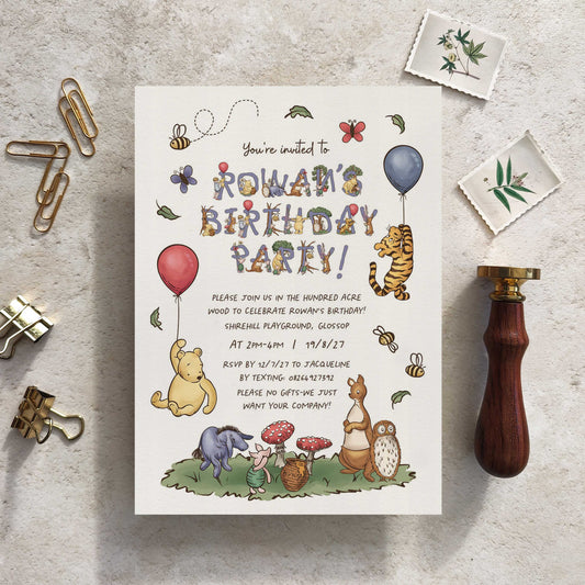 10 x Winnie the Pooh Personalised Birthday Party Invitations and Envelopes