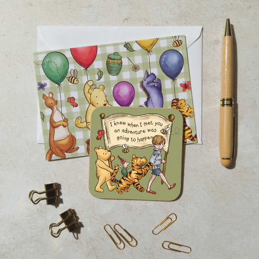 Green Winnie Adventure Coaster and Card Set | A.A. Milne Quote | Gloss MDF Drinks Mat