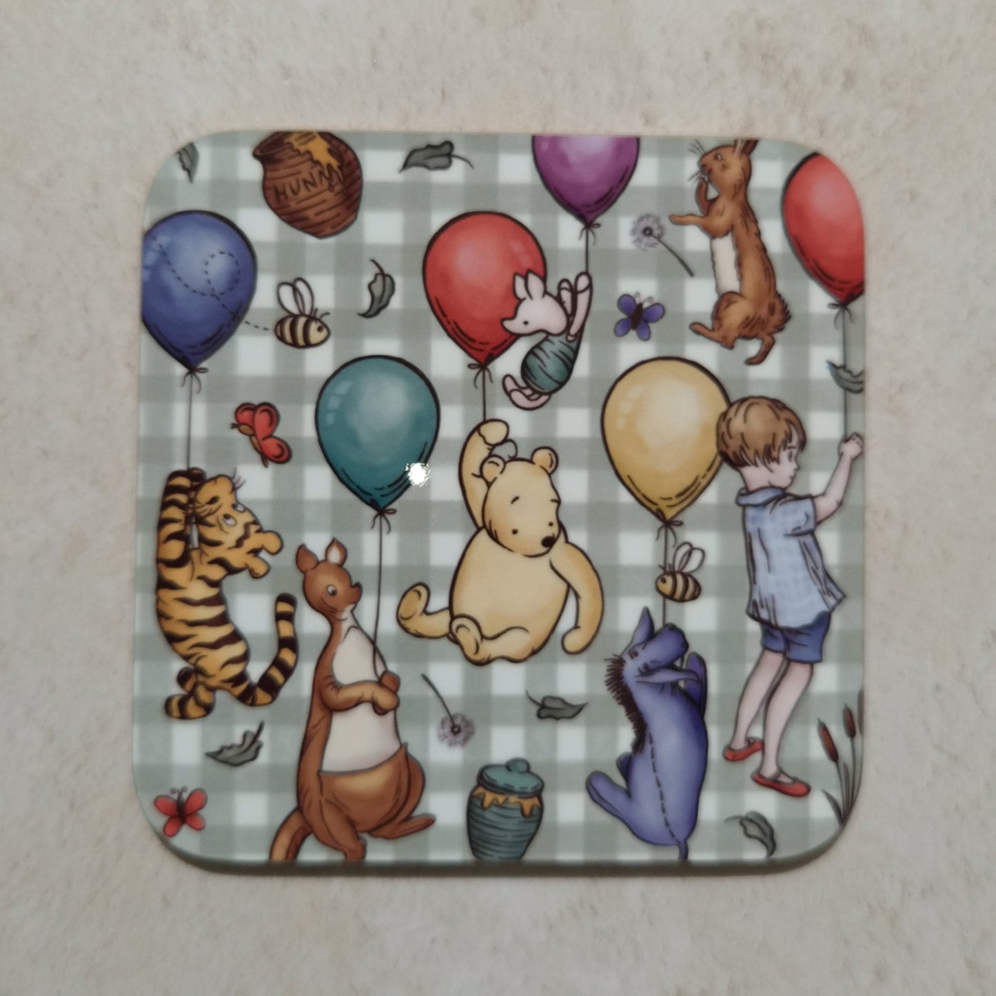 Winnie Check Patterned Coaster and Card Set | A.A. Milne Quote | Gloss MDF Drinks Mat