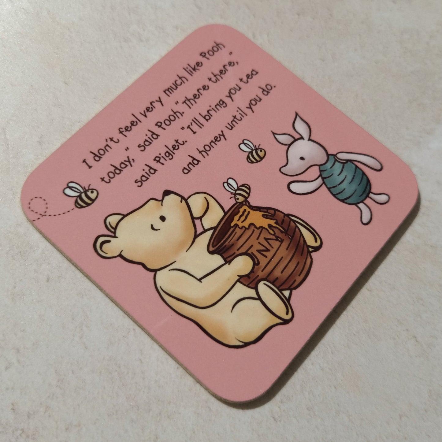 Pink Winnie Cheer Up Coaster and Card Set | A.A. Milne Quote | Gloss MDF Drinks Mat