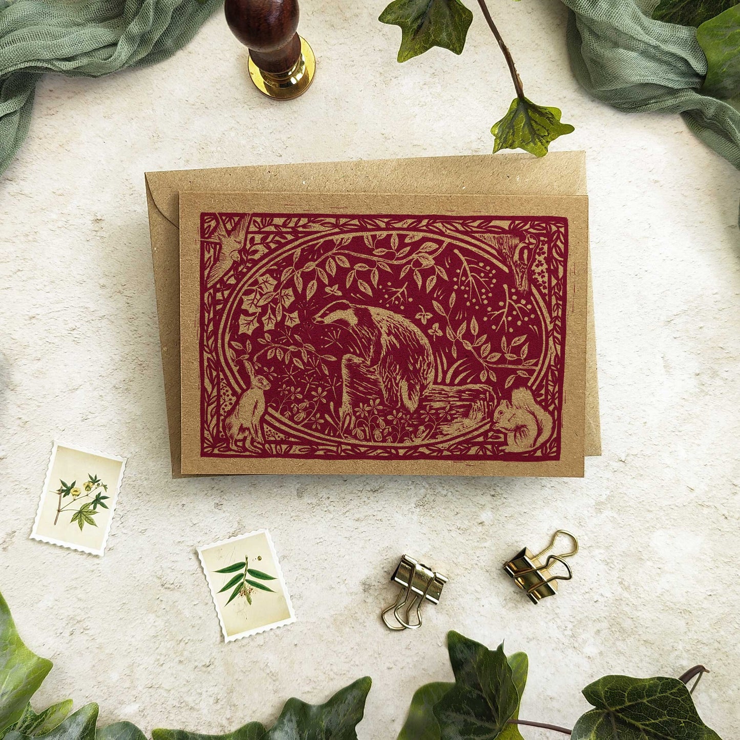 Linocut Badger Note Cards & Envelopes