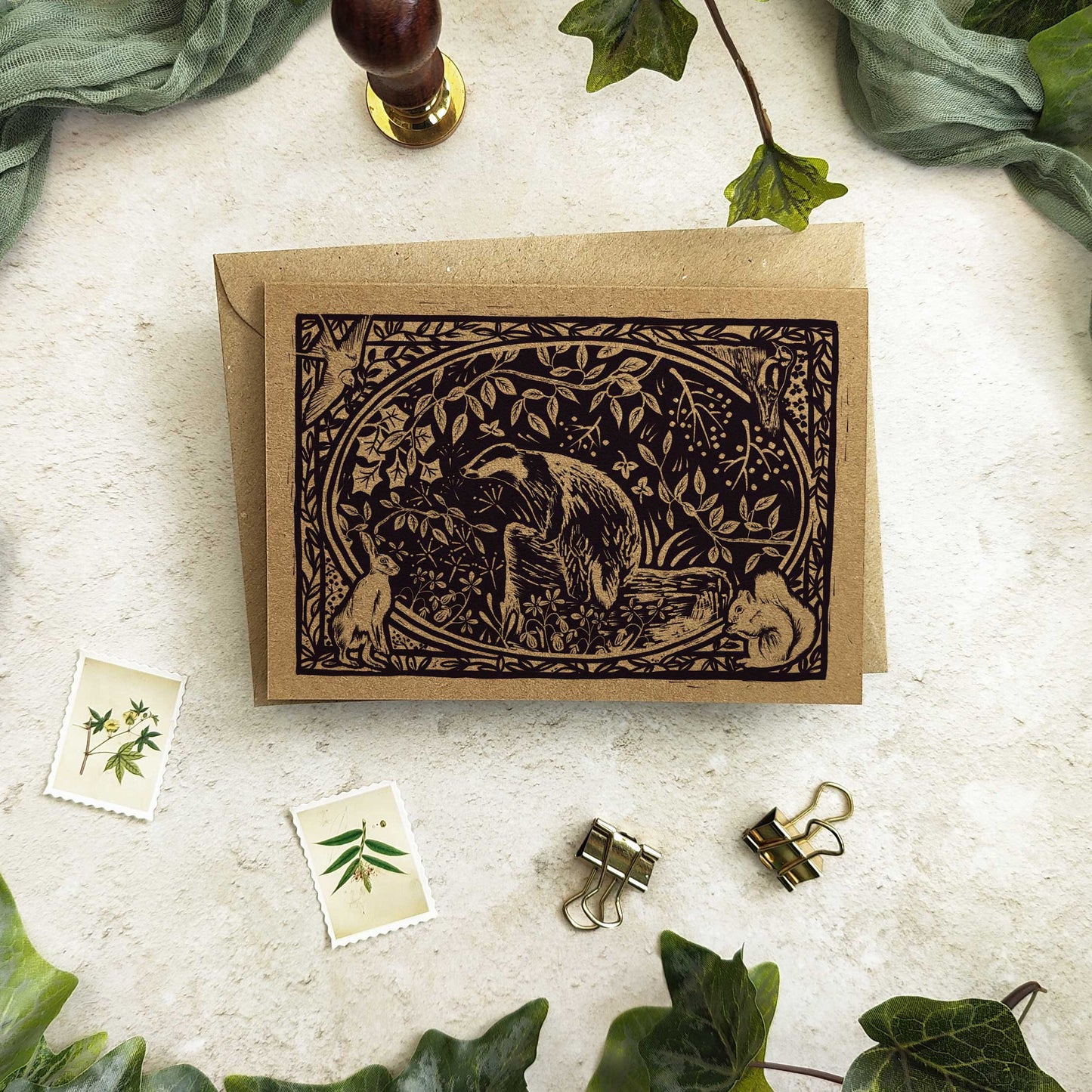 Linocut Badger Note Cards & Envelopes