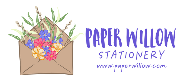 Logo of Paper Willow Stationery with a brown envelope filled with flowers on a white background.