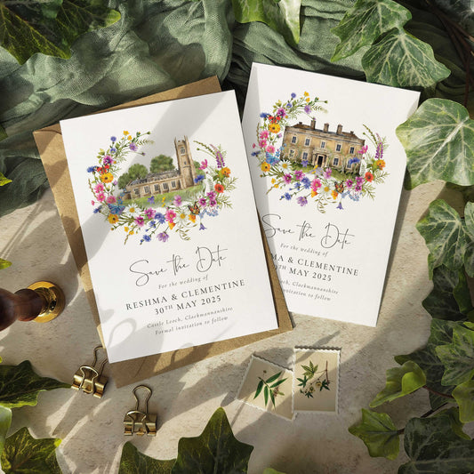 Wildflower Save The Date Cards with Optional Venue Painting