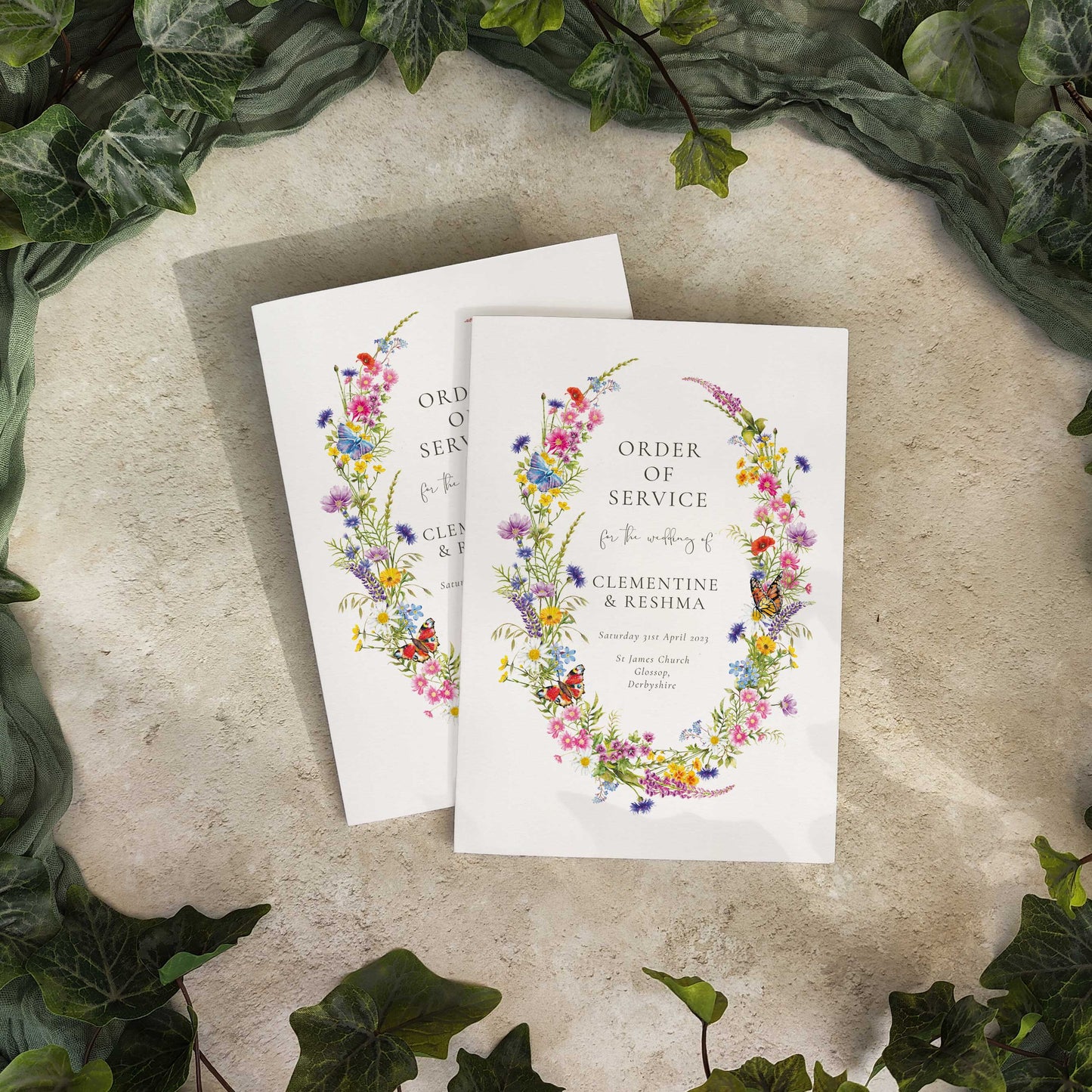 Wildflower Wreath Wedding Folded Order of Service Card