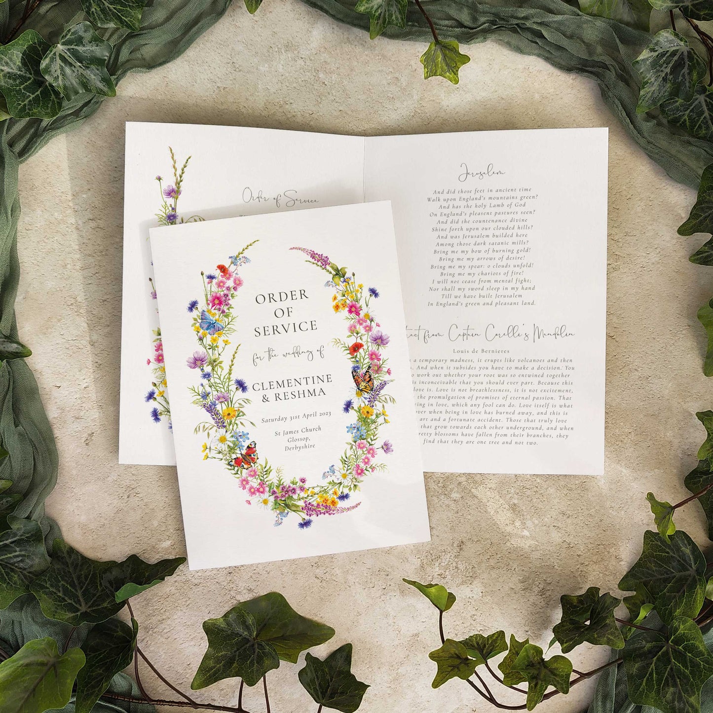 Wildflower Wreath Wedding Folded Order of Service Card