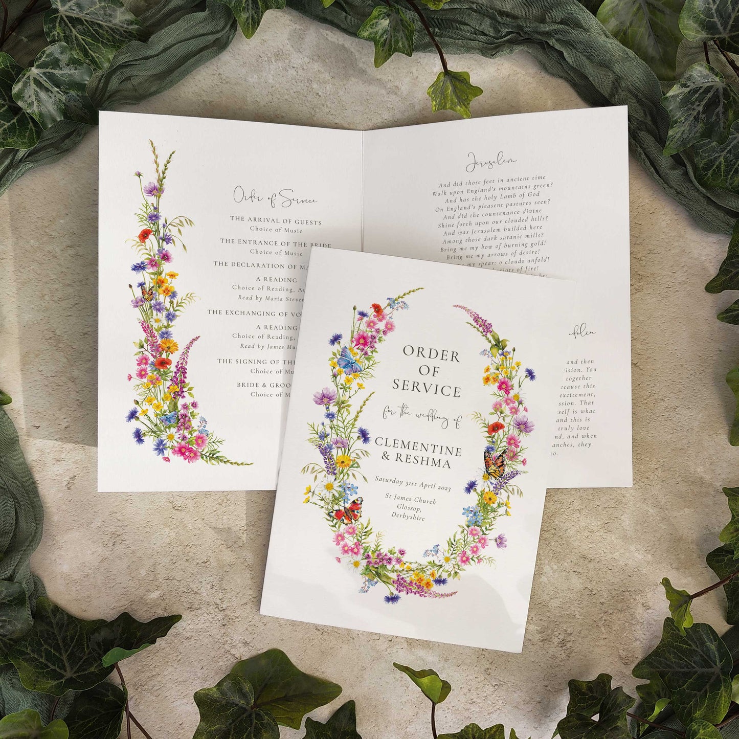 Wildflower Wreath Wedding Folded Order of Service Card