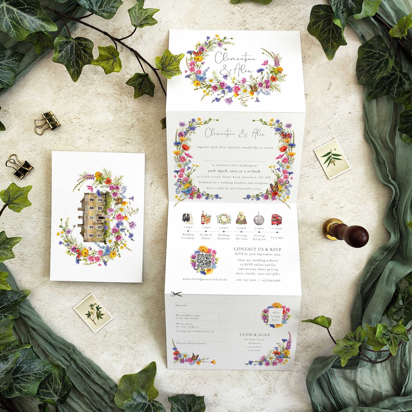 Wildflower Wedding Invitation Folding Concertina